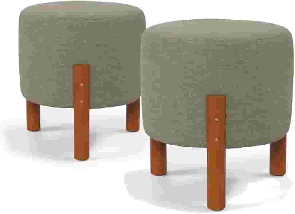 Kit 2 Puff Redondo Luxo Decorativo Charme com Pés de madeira Linho Cinza - PC MÓVEIS