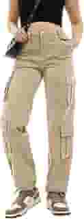Calça cargo feminina cintura alta folgada calça cargo perna reta Y2K Streetwear 8 bolsos para mulheres