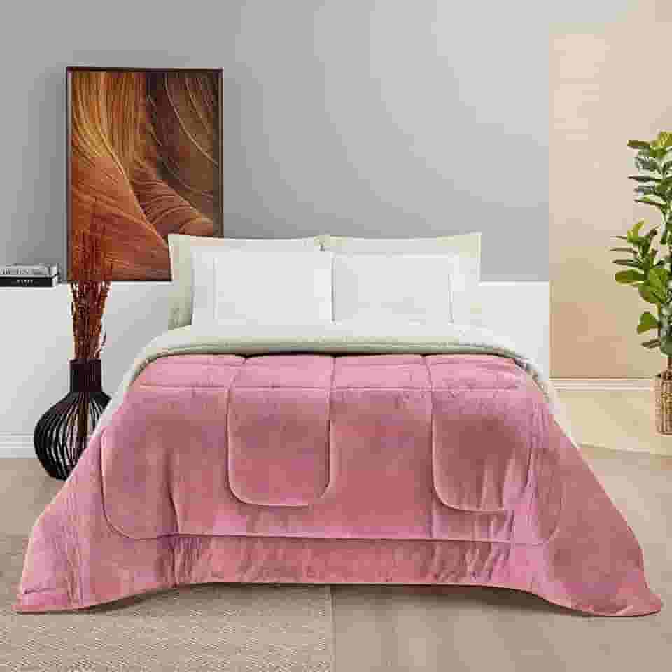 Cobertor QUEEN GIGANTE Manta Coberta Sherpa Macio Frio Intenso Grosso Coberdrom Dupla Face (Rose)