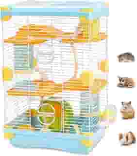 Gaiola Hamster, Terrario Gaiola para Hamster, Gaiola para Hamster 27.5X 20.5 X 42.5 CM Azul, Gaiola de Tubo Super Luxuosa 3 Camadas Hamster Escada