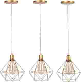 Pendentes Diamante Aramado Dourado Cabo Regulável Kit C/3