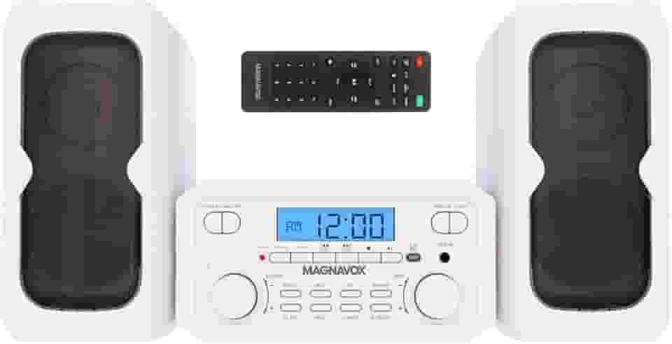 Magnavox MM435-WH Sistema de prateleira de CD compacto de 3 peças com rádio estéreo AM/FM, tecnologia sem fio Bluetooth e controle remoto em branco | Display LCD | Porta AUX Compatível |