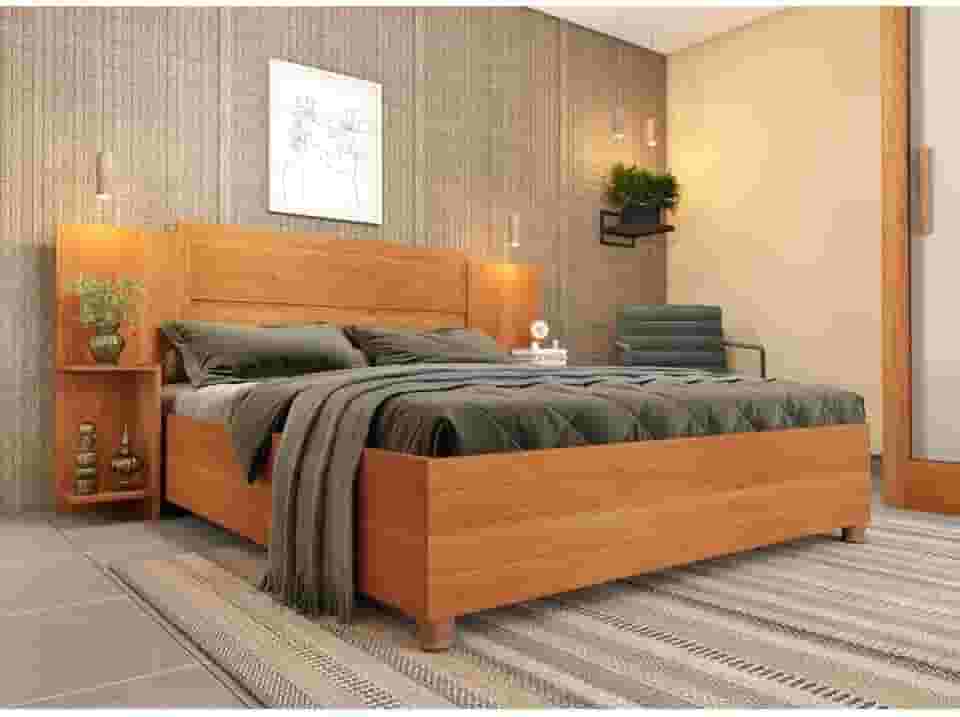 Cama Box Casal Monaco Queen com Painel e Mesa de Cabeceira Cinamomo