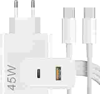 Carregador Super Turbo 45W Porta Dupla (USB-C + USB-A) + Cabo USB Tipo C de 1m, Compatível com Celulares Samsung, Motorola, iPhone 15, Tablets, Notebooks