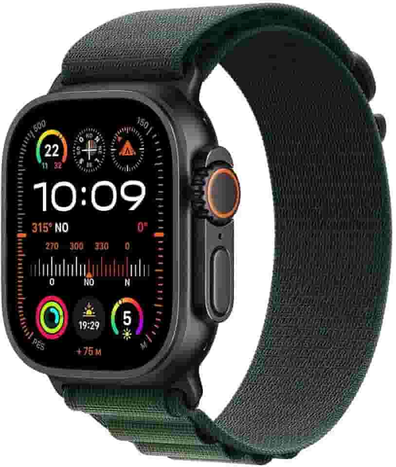Apple Watch Ultra 2 GPS + Cellular • Caixa preta de titânio – 49 mm • Pulseira loop Alpina verde-escura – M