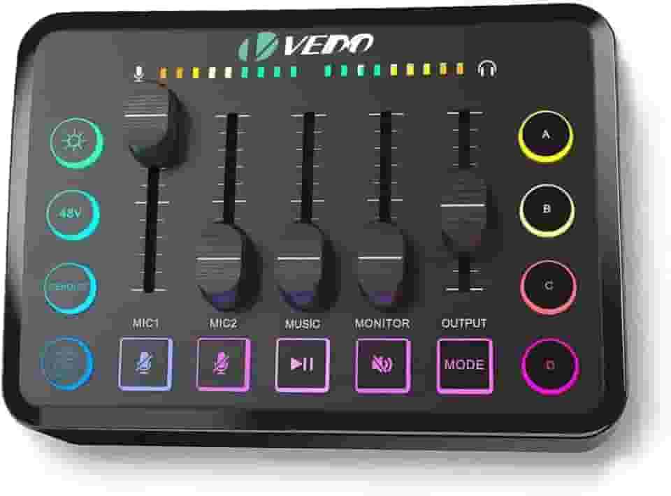 Mesa de Som para Jogos, Interface de Áudio Recarregável com RGB e Interface de Microfone XLR, Alimentação Fantasma de 48V, para Podcast/Gravação