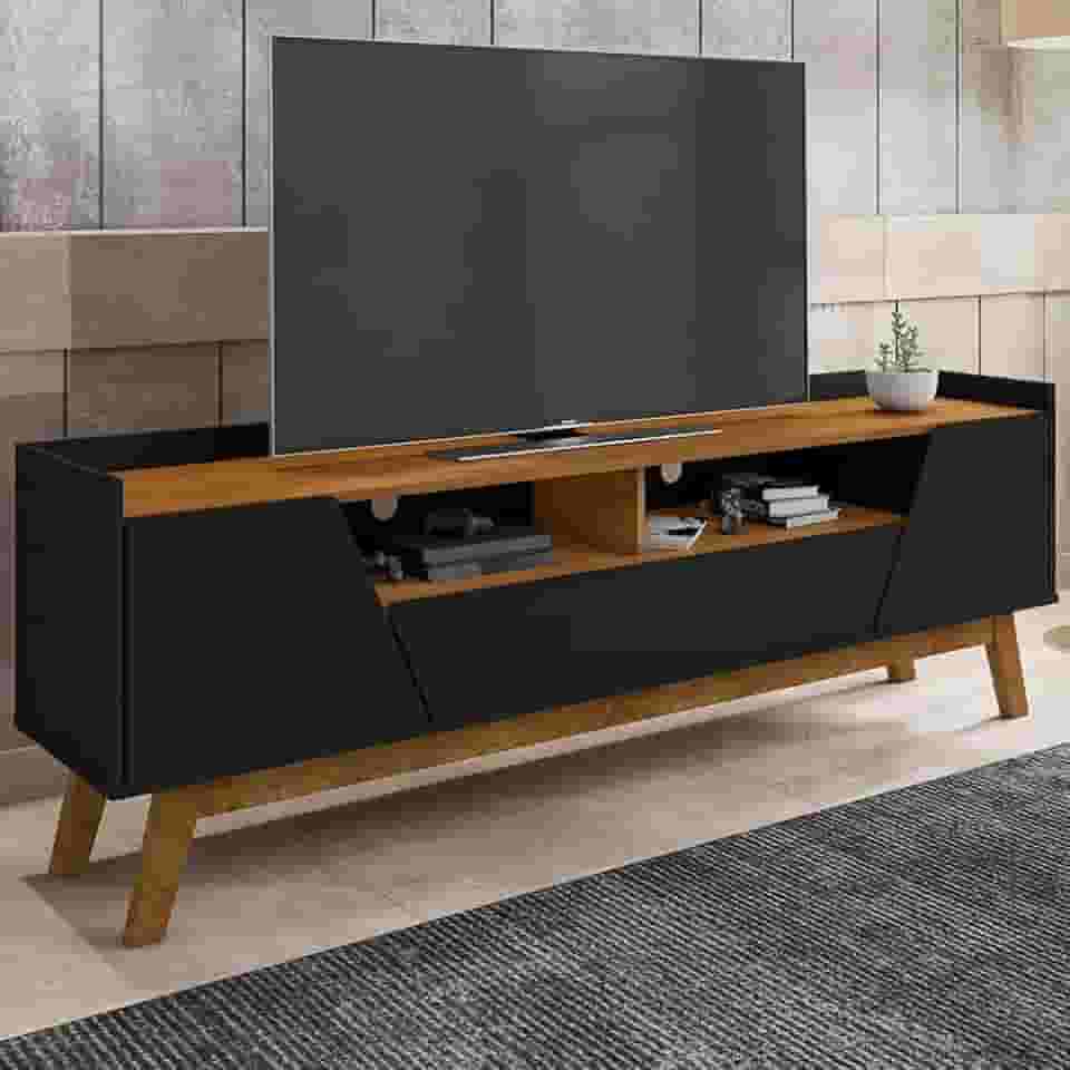 Rack Sala Florença para Tv até 70 Polegadas com Pés Madeira Preto Fosco/naturale
