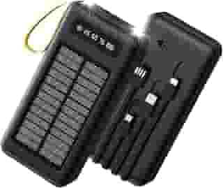 Power Bank 20000mah com Lanterna Carregador Portatil Solar com 4 Cabos Integrados 2 Entradas Externo Bateria Portatil com Display de Energia em LED para Camping de Viagens