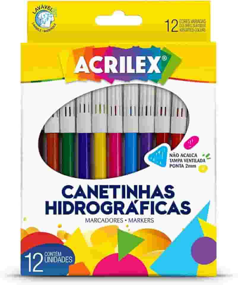 Caneta Hidrocor, Ponta 2 mm, 12 Cores, Acrilex