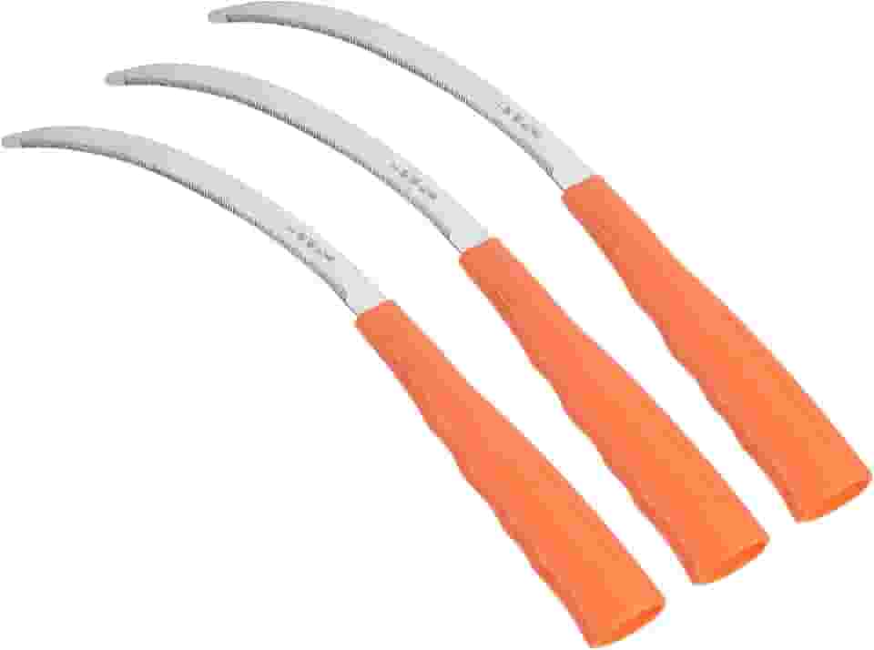PATIKIL Foice serrilhada de 25,4 cm, pacote com 3 foices de colheita de aço inoxidável, serrilha, para remoção de ervas daninhas, com cabo de plástico para jardinagem, laranja