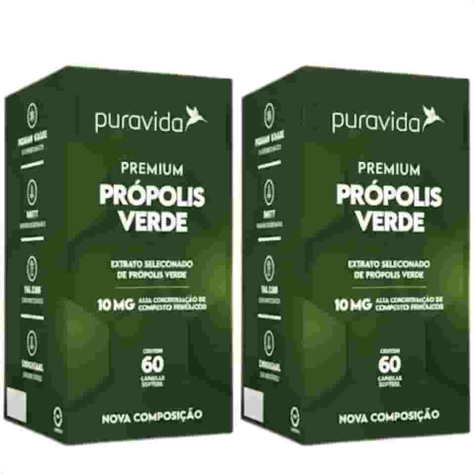 Kit 2 Unidades Própolis Verde Premium Puravida | 60 Cápsulas Softgel por pote | 10mg Compostos Fenólicos | Extrato Concentrado Alecrim do Campo | 4x Mais Polifenóis | Suplemento Natural Brasil | Pack Economia 60 Dias