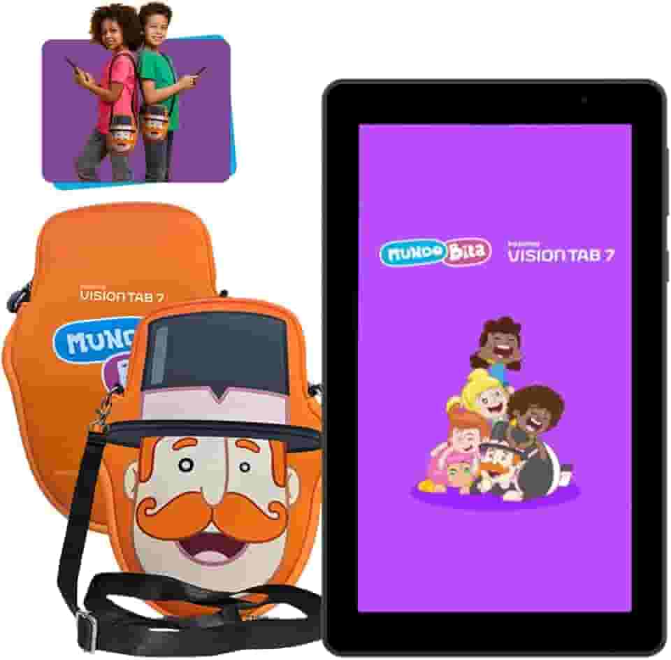 Tablet Infantil Positivo Vision TAB 7 Mundo Bita - Octa-Core 3GB RAM 64GB Armazenamento, Tela 7” IPS, Bateria 3100mAh, Android 14 Go, Wi-fi - Preto - Inclui 2 itens de proteção (capa e bolsa)