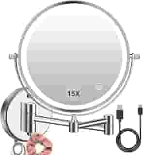 Amelar Espelho de maquiagem LED montado na parede 1 ×/15 × ampliação – recarregável por USB, luz sensível ao toque de 3 cores, rotação de 360°, dupla face de 20 cm, bateria de 2000 mAh, ideal para