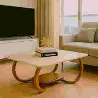 Mesa De Centro Tampo De Vidro Laqueado Base Madeira - Gaia (Off White)