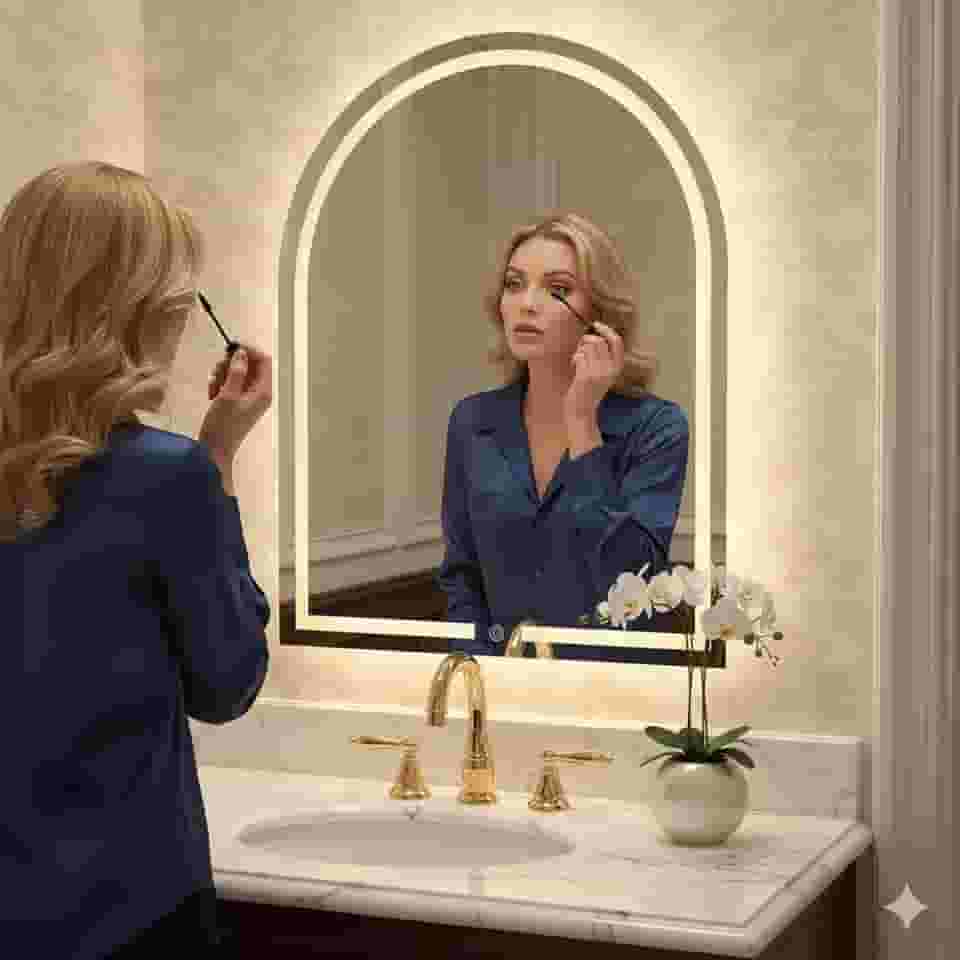 Espelho Oval Penteadeira 3 tons de Led, Jateado e Botão Touch 80x60cm