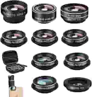 Mocalaca Kit de lente de câmera de telefone (11 lentes), clipe no olho de peixe/macro/acessório de lente grande angular com capa de viagem para iPhone 14 13 12 11 Xs X Pro Max Samsung Android Smartphone