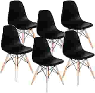 Decoreshop, Kit 6 Cadeiras Charles Eames Eiffel DSW Sala de Jantar, Cozinha, Restaurante, Bar - assento em polipropileno, pés palito em madeira clara (Preto)