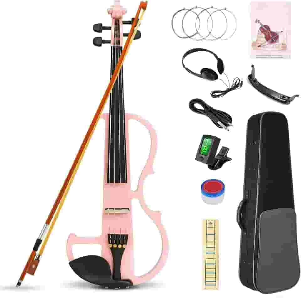 VEDO Violino Elétrico, Conjunto de Violino Elétrico Silencioso 4/4, Violino de Madeira Maciça e Metal, com Acessórios em Ébano, Kit para Iniciantes Adultos e Adolescentes (Rosa)