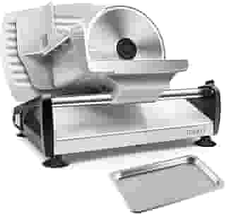Cortador de carne, fatiador elétrico de alimentos com lâmina removível de aço inoxidável de 19 cm, cortador de carne de espessura ajustável para uso doméstico, proteção contra bloqueio infantil, fácil