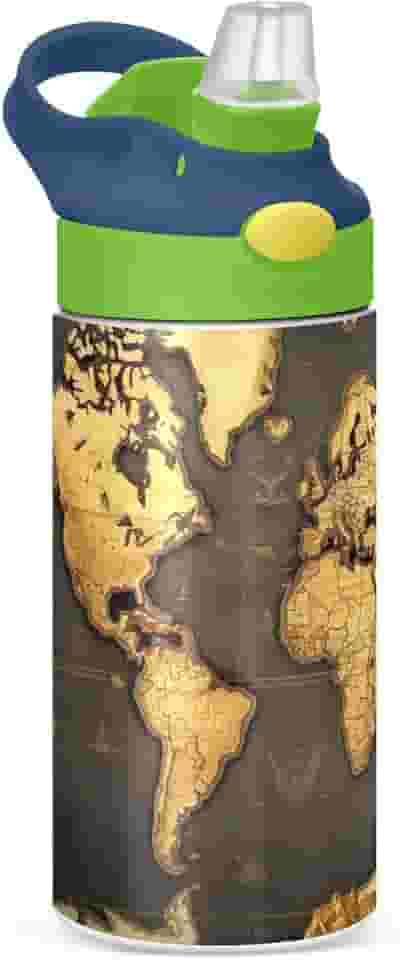 Garrafa de água infantil isolada com tampas de canudo Garrafas de água de aço inoxidável para crianças Mapa do Mundo de 350 ml
