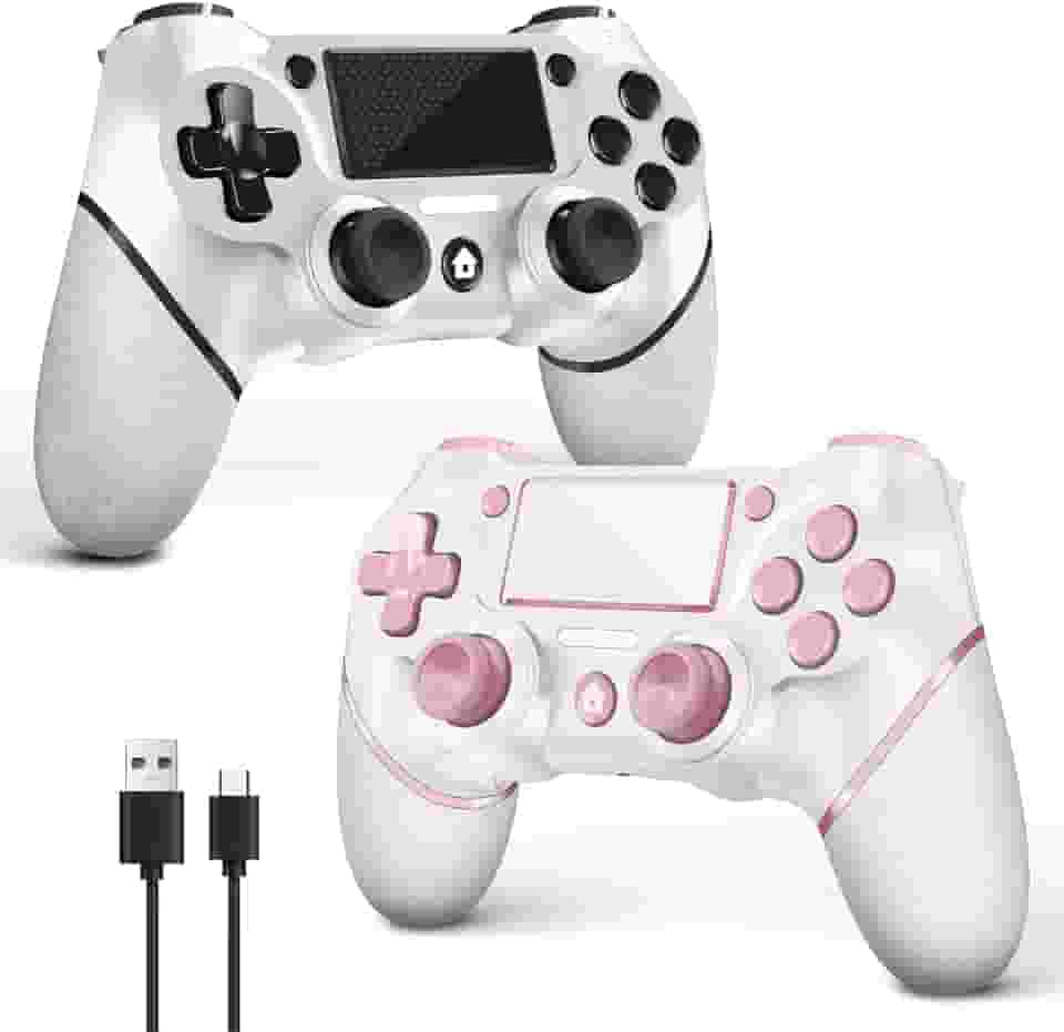 AceGamer Pacote com 2 para controle PS4, controle sem fio para PS4/Pro/Slim/PC, com aderência antiderrapante de ambos os lados, conector de áudio de 3,5 mm e cabo USB-C! (rosa e branco)