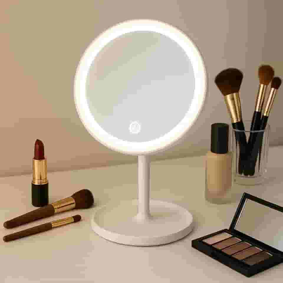 Espelho de Maquiagem com LED Base de Mesa Tela Redonda com Iluminação