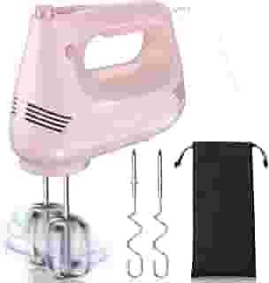GUALIU Batedeira elétrica manual com batedor de aço inoxidável, acessório de gancho de massa e bolsa de armazenamento, batedeira portátil para assar bolos, ovos, batedeiras de creme de alimentos.
