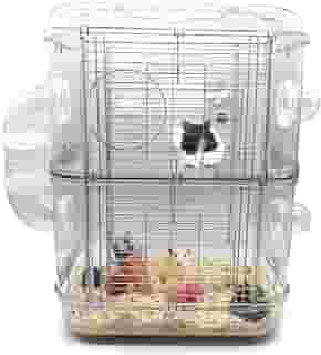 Gaiola para Hamster Dupla Camada Transparente com Túnel, Banheiro, Roda e Alça - Habitat para Roedores 42x31x26 cm