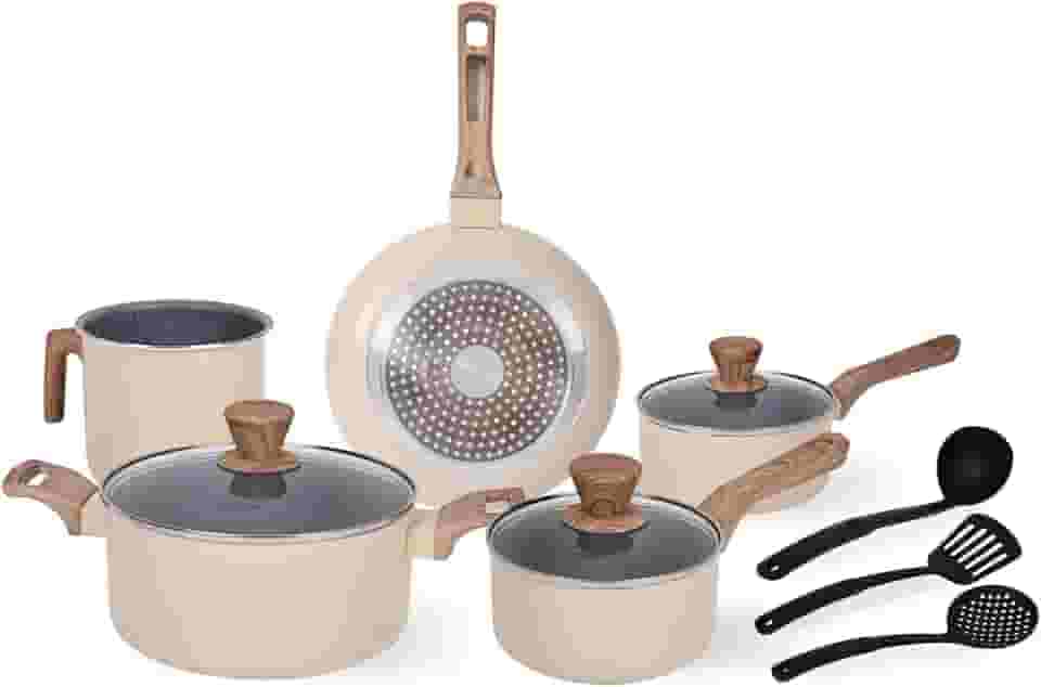Jogo de Panelas Indução Cerâmica Antiaderente 8 Peças, Adequado para Fogão a Indução, Gás, Elétrico e Vitrocerâmico, Durável Lindas e Qualidade, Cinza-Bege