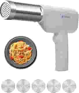Máquina de macarrão elétrica portátil, máquina de macarrão sem fio 5 em 1, máquina de macarrão portátil com moldes de macarrão moldados, cortadores e tubo de enchimento de salsicha, máquina de massa