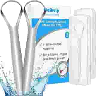 Pacote com 2 Raspadores de língua, 100% útil de aço inoxidável cirúrgico limpador de língua para adultos e crianças, raspadores de língua de metal para redução profissional de mau