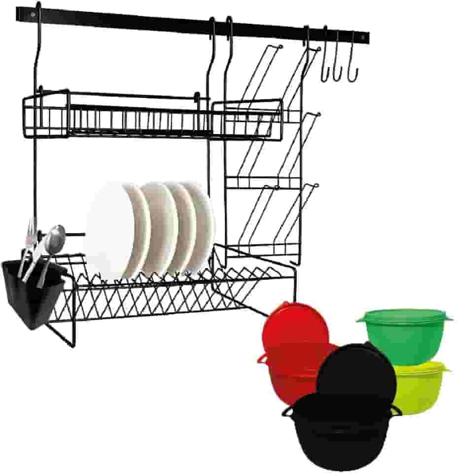 Escorredor de Louças Suspenso Organizador com Porta Talheres + 4 Potes- Aço (PRETO)