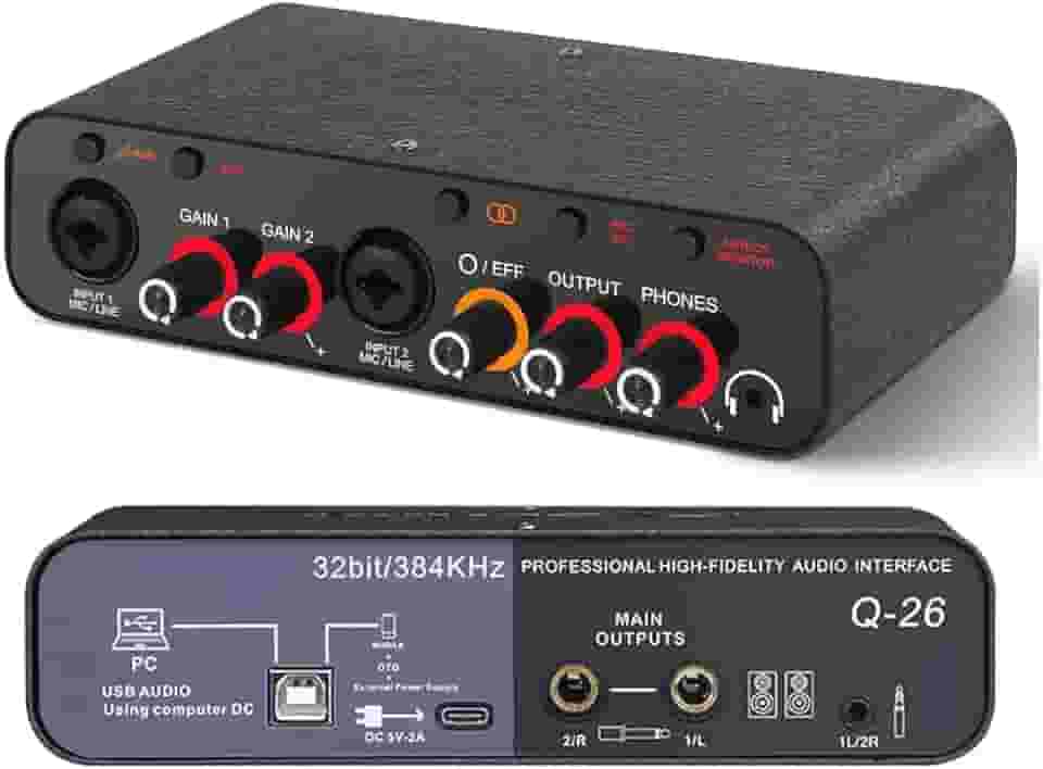 Q-26 Interface de audio,placa de som profissional de canal USB 2.0 DC 5V de alta velocidade, função de monitor para estúdio/gravação musical/jogos/Equipamentos para Gravação Musical
