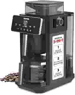 Gourmia Cafeteira para moer e preparar 10 xícaras – Moedor ajustável embutido, temporizador digital programável, 3 pontos fortes, manter aquecido em 4 horas, desligamento automático, pausar e servir