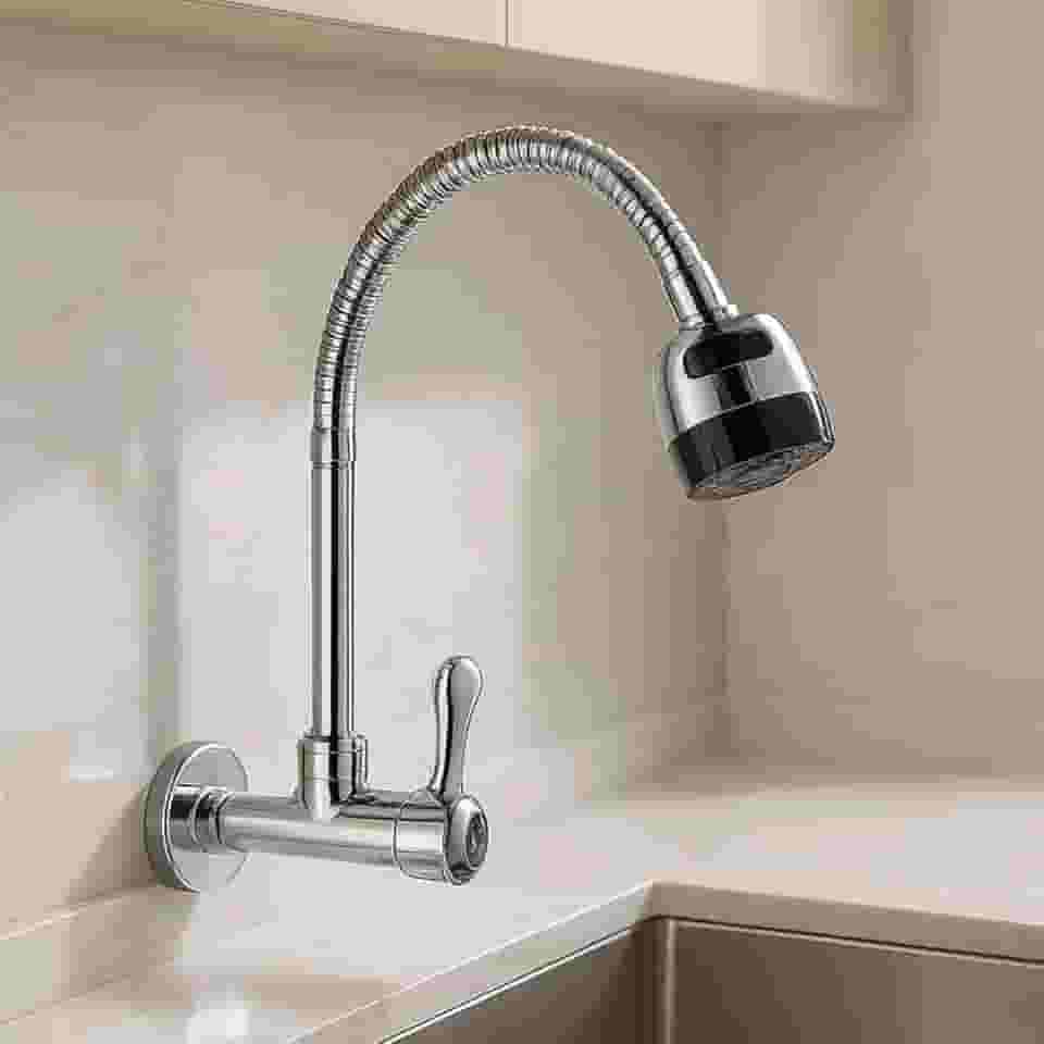 Torneira Cozinha Parede Gourmet Flexível Aço Inox Metal Cromado 2 Jatos Contínuo e Arejador 1/4 de volta Resistente Tulipa Luxo Premium Alto Padrão Sofisticada (Cromada)