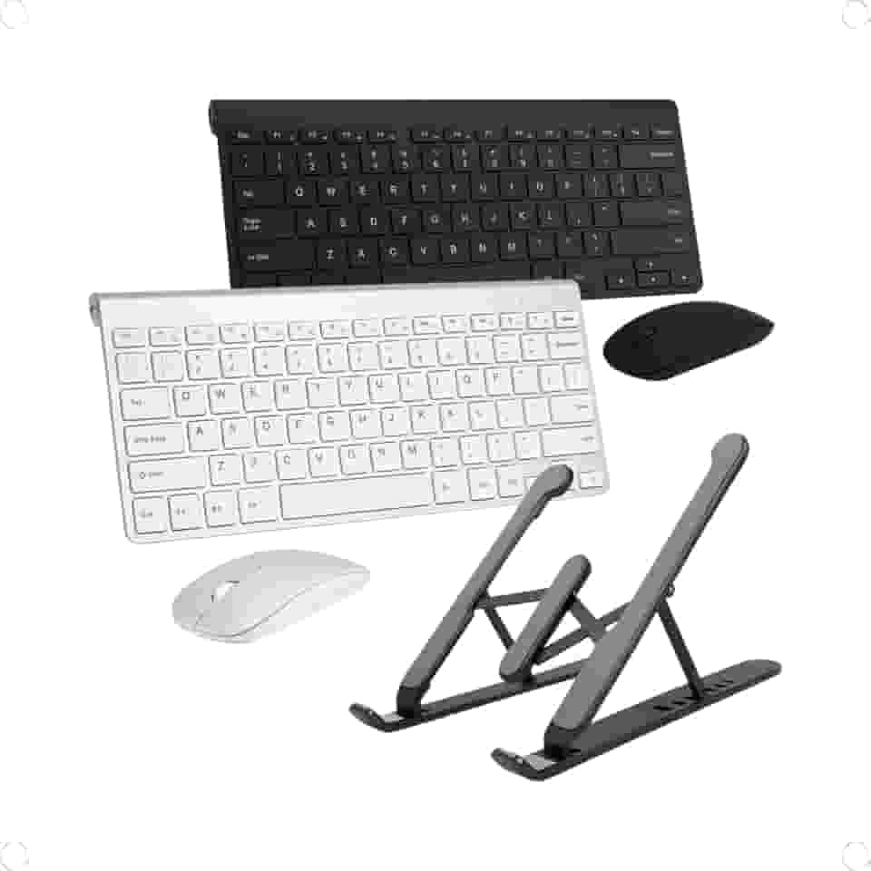Kit Teclado e Mouse Sem Fio com Suporte Ajustável para Notebook 2.4G USB, Slim Ergonômico e Portátil Conforto e Produtividade para Home Office e Estudos Enviado na Cor Prata ou Preto
