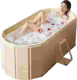 JSQBSECL Banheira dobrável portátil, banheira independente grande dobrável de 120 cm para adultos, banheira de hidromassagem, banho de gelo, banheira de spa para uso interno e externo (bege)