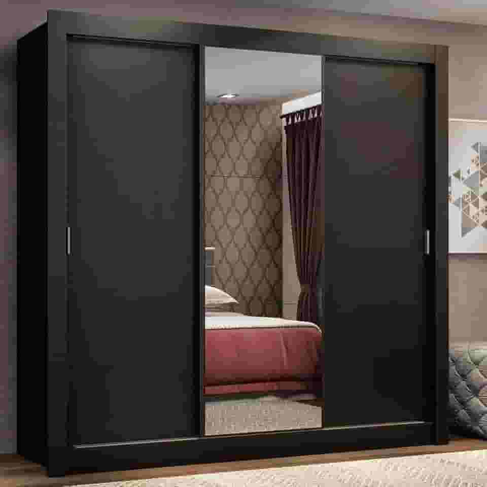 Guarda Roupa Casal Madesa Mônaco 3 Portas de Correr com Espelho - Preto