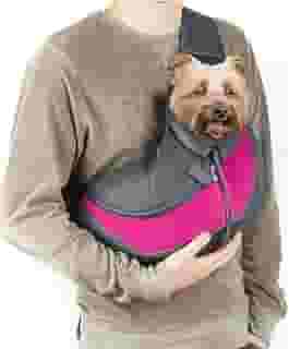 Bolsa Sling Transversal para Pets, Cachorro e Gato, Tecido Respirável, Alça Ajustável, com Bolsos Laterais (Rosa)