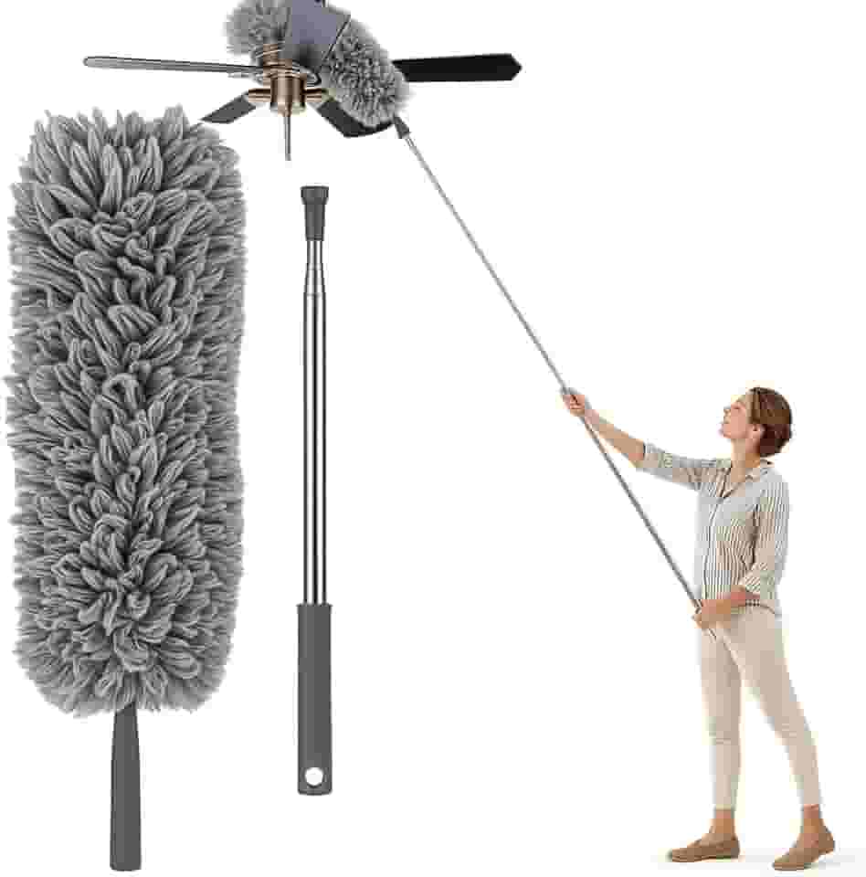 Espanador de Pó Extensível 2,80 Metros Microfibra Cabo de Aço Inoxidável Ajustável Haste Flexível Retrátil Limpeza de Áreas Altas e Locais Difíceis Limpador de Tetos Armários Ventiladores Persianas