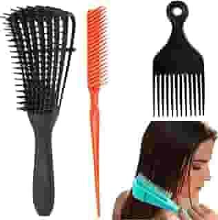 Kit Escova de Cabelo Cacheado Polvo + Pente 3 Fileiras para Fitagem Finalizações + Pente Garfo Cachos - RJI Utilidades