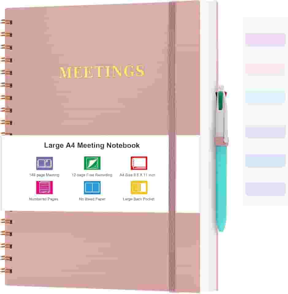 Meeting Notebook for Work, Notebooks for Work 8.5" x 11", Professional Meeting Notes Notebook for Women Men, Large Spiral Notebook with Numbered Page, Sticky Tabs, PVC Pockets for Organization, Pink
