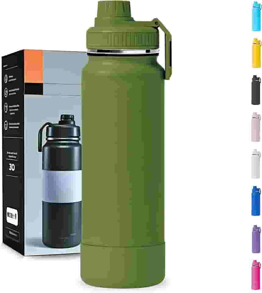 Garrafa Térmica 1000ML - Duplamente Isolada a Vácuo, Aço Inox 304, Capa Protetora da Base de Silicone, Mantém Bebidas Gelada 24 horas e Quente 12 horas (Verde Militar Slin)