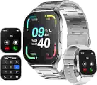Smartwatch 1,96' AMOLED Relógio Inteligente, IP68 à Prova d’Água, Chamadas Bluetooth, 100+ Modos Esportivos, Assistente de Voz, Compatível com iOS/Android, Unissex com 2 Pulseiras (Prata)
