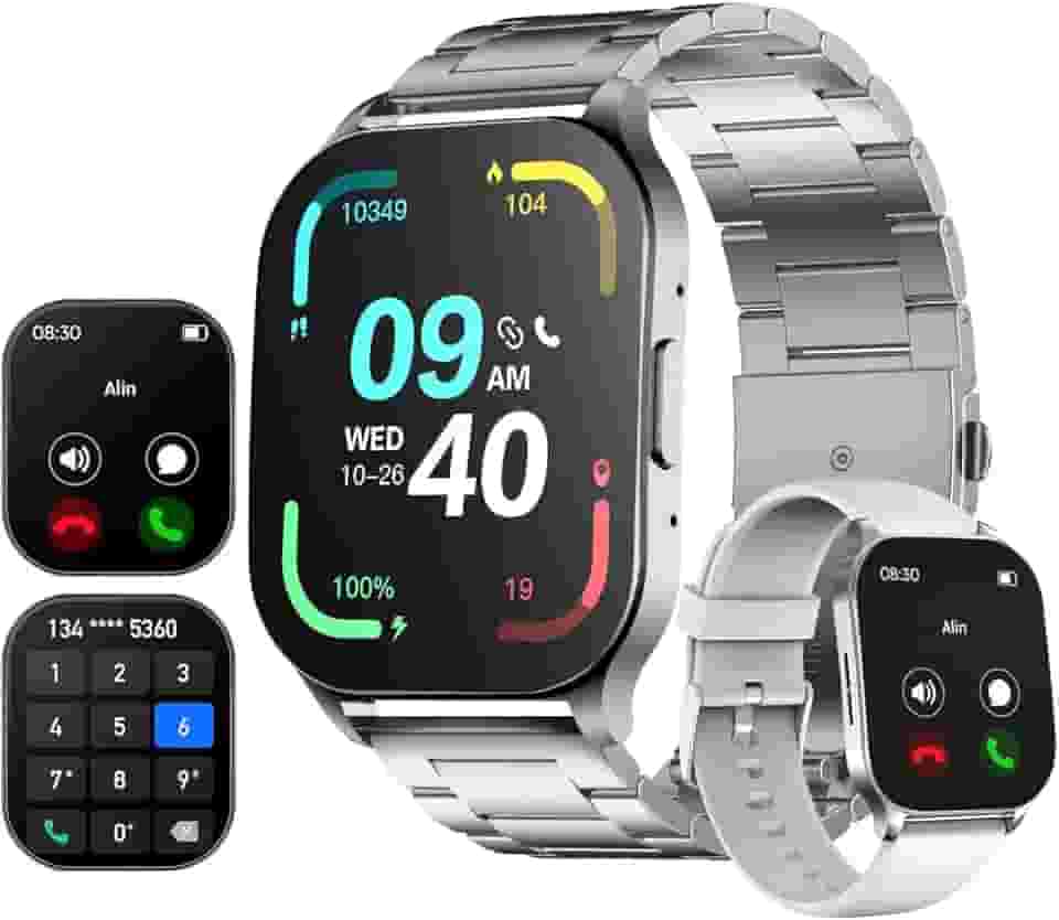 Smartwatch 1,96" AMOLED Relógio Inteligente, IP68 à Prova d’Água, Chamadas Bluetooth, 100+ Modos Esportivos, Assistente de Voz, Compatível com iOS/Android, Unissex com 2 Pulseiras (Prata)