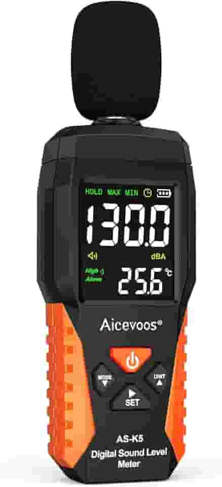 Medidor de decibéis medidor portátil de nível de som dB medidor de som decibéis medindo 30 ~ 130 dB, alarmes sonoros e visuais, medição de ruído máxima/mínima