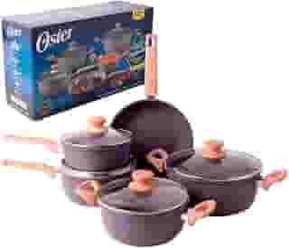 OSTER Conjunto de Panelas Antiaderentes 5 Peças Marble Edition - Jogo de Panela e Frigideira, Construção em Alumínio e Revestimento Duplo de Cerâmica, Alças e Cabos Revestidos em Silicone - Dark Grey