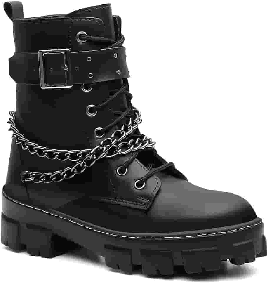 Bota Coturno Feminina Preta com Correntes, Cano Alto, Sola Tratorada, Couro Sintético, Estilo Urbano, Fecho com Zíper Lateral, Design Moderno e Atitude