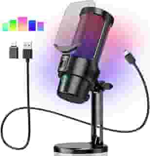 Microfone, Microfone de Mesa, Microfone Jogos, Microfone RGB Condensador, Microfone USB, Microfone de Jogos de Computador para PS4/PS5/Mac, Microfone Condensador com Mudo Rápido Luz RGB