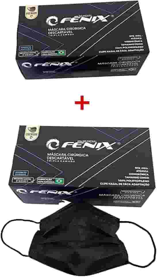 100 UN - Mascara descartavel tripla PRETA cirurgica com clip nasal - Mundial Fenix